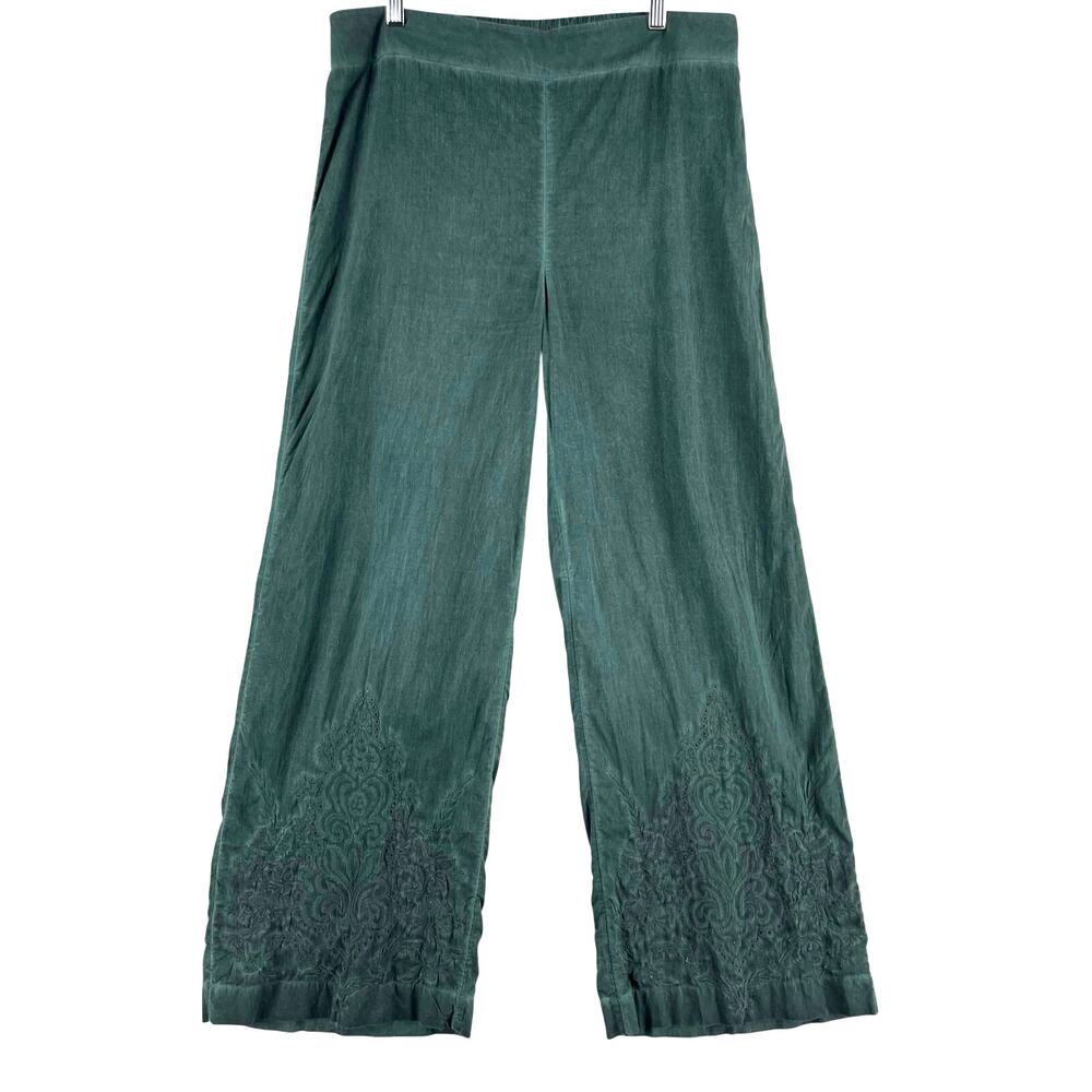 Soft Surroundings Green Embroidered Hem Wide Leg Pants